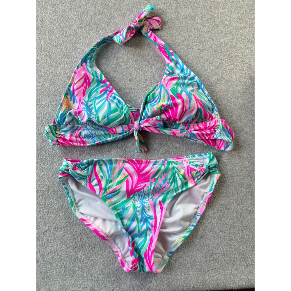 Lilly Pulitzer Tropical Palm Pineapple Halter Bikini Set Pink Blue Green 8/4